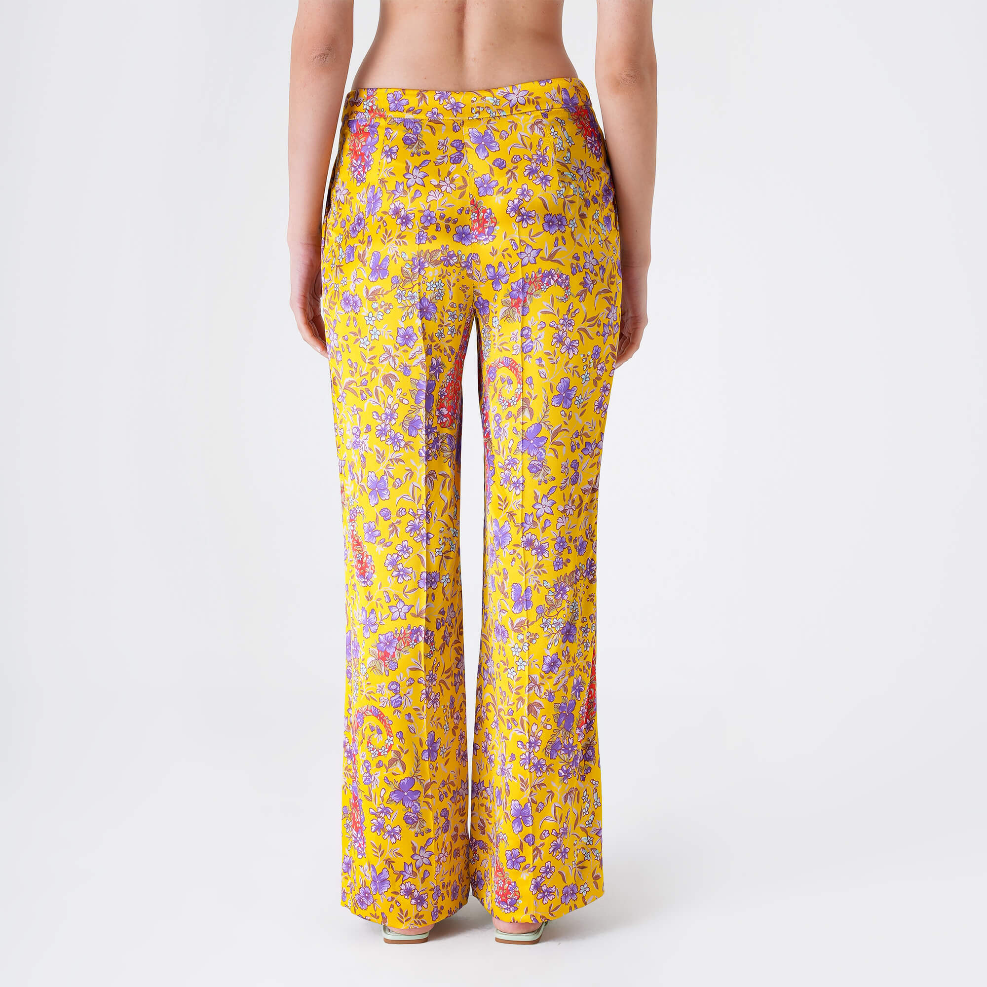 Etro - Yellow&Lilac Floral Print Viscose Flare High Waist Pants